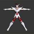 Game And Movie Character In Red And Silver Armor With Outstretched Arms Heroic Warrior