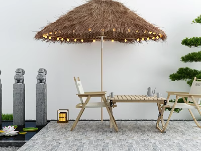 Outdoor Table with Straw Umbrella String Lights Stone Lions Lotus and Green Plants 3d model