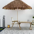 Outdoor Table with Straw Umbrella String Lights Stone Lions Lotus and Green Plants
