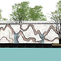 Modern Stone Scenic Wall With Mountain Like Texture Surrounded By Trees And Water Reflection