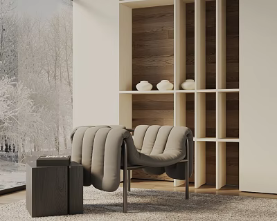 Modern Minimalist Leisure Chair With Side Table And Wooden Shelf By Snowy Window View 3d model