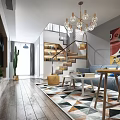 Modern Living Room Interior With Gray Sofa Colorful Pillows Geometric Rug And Chandelier