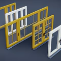 Various Styles of Casement Windows with White and Yellow Frames and Glass Panels