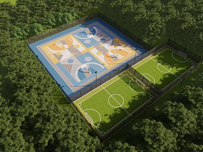 Outdoor Basketball Court With Colorful Design And Adjacent Soccer Field Surrounded By Trees 3d model