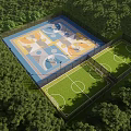 Outdoor Basketball Court With Colorful Design And Adjacent Soccer Field Surrounded By Trees