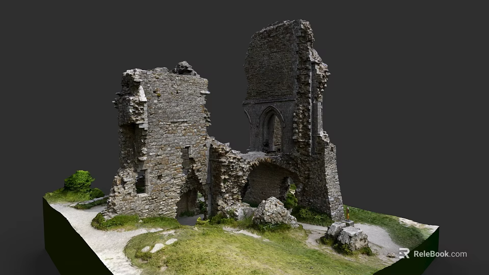 Ancient European Style Architecture Ruins With Stone Walls Arched Doorway And Grass Path 3d model 