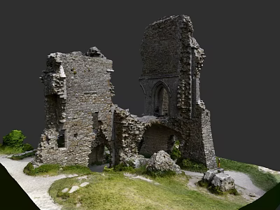 Ancient European Style Architecture Ruins With Stone Walls Arched Doorway And Grass Path 3d model