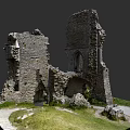 Ancient European Style Architecture Ruins With Stone Walls Arched Doorway And Grass Path
