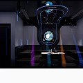 Modern KTV Interior With Neon Lights Round Screen Sofas And Bar Counter Lighting Effects