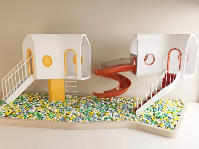 Fun Kids Play Equipment With White House Shaped Structures Red Slide And Colorful Ball Pool 3d model