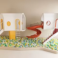 Fun Kids Play Equipment With White House Shaped Structures Red Slide And Colorful Ball Pool