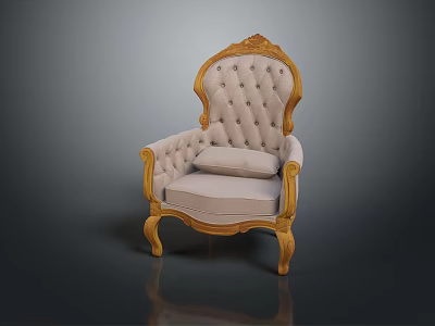 Elegant Single Armchair With Golden Carved Frame Tufted Beige Upholstery And Ornate Wooden Legs 3d model