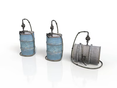 Three Vintage Blue Gray Striped Metal Barrels Decorative Containers With Handles And Valves 3d model
