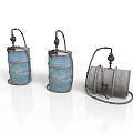 Three Vintage Blue Gray Striped Metal Barrels Decorative Containers With Handles And Valves