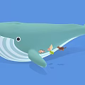 Cartoon Green Whale With White Striped Belly Small Fish And Duck On Light Blue Background