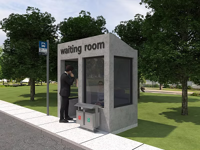 Roadside Waiting Room With Glass Windows Bus Stop Sign Trash Can Green Trees And Grass 3d model