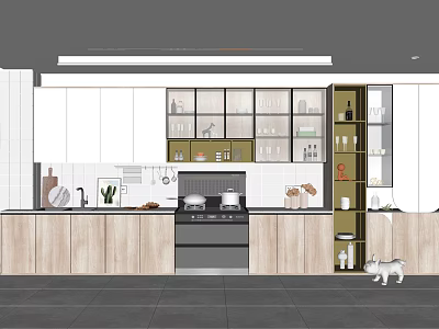 Modern Kitchen Design With Wooden White Glass Door Cabinets And Appliances 3d model