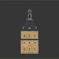 Yellow Building With Multiple Stories White Framed Windows Dark Roof And Tower On Top