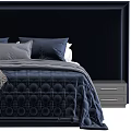 Modern Double Bed With Dark Headboard Navy Blue Bedding And Gray Pillows 3d model
