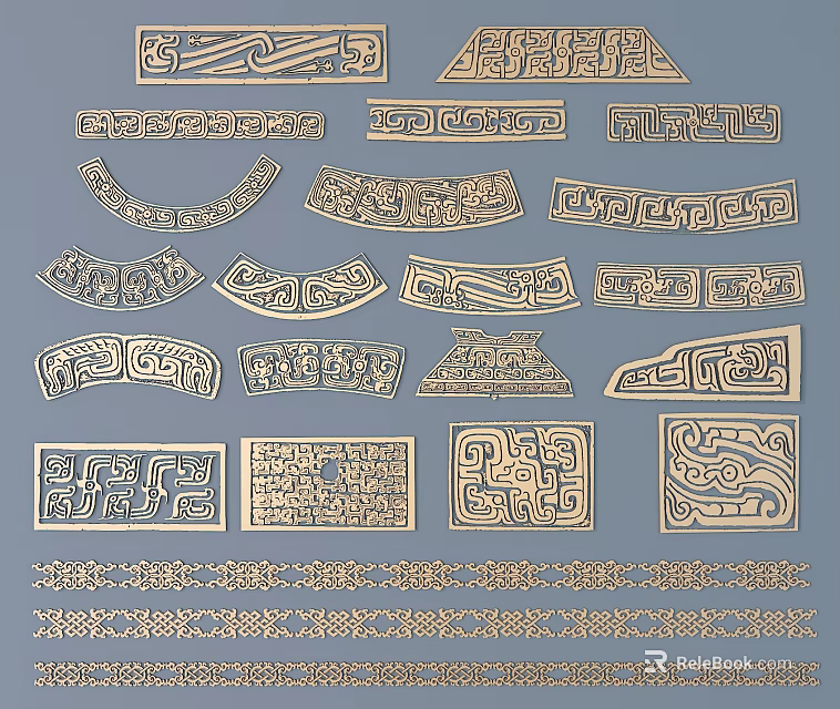 Collection Of Decorative Carvings With Intricate Patterns And Various Shapes 3d model 