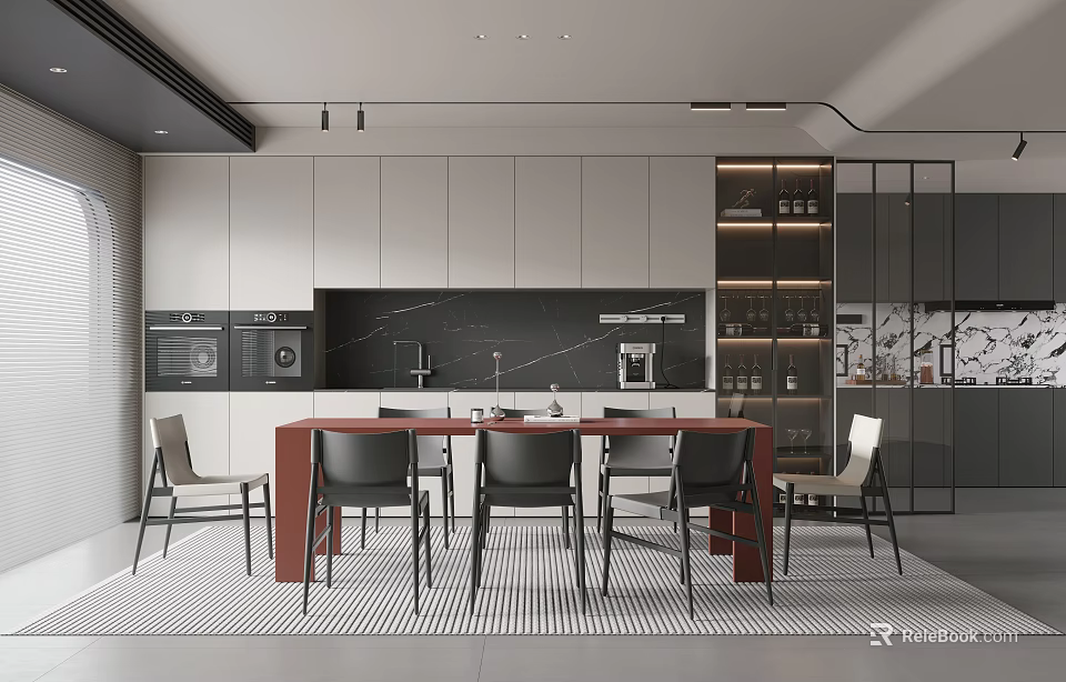 Modern Restaurant Kitchen with White Cabinets Black Countertop Red Dining Table and Chairs 3d model 
