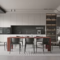 Modern Restaurant Kitchen with White Cabinets Black Countertop Red Dining Table and Chairs