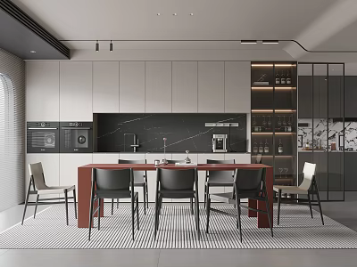 Modern Restaurant Kitchen with White Cabinets Black Countertop Red Dining Table and Chairs 3d model