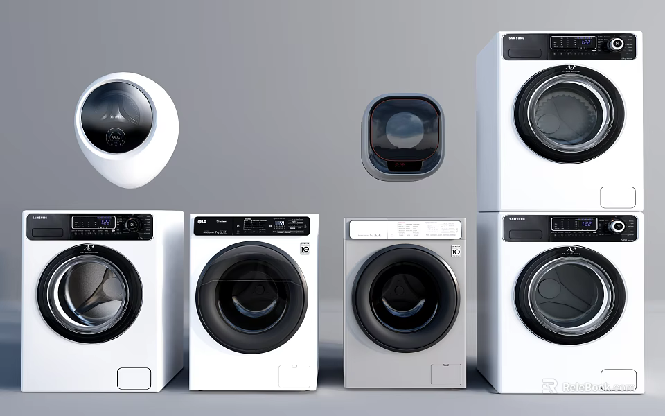 Various Modern Front Load Washing Machines In Different Styles And Colors 3d model