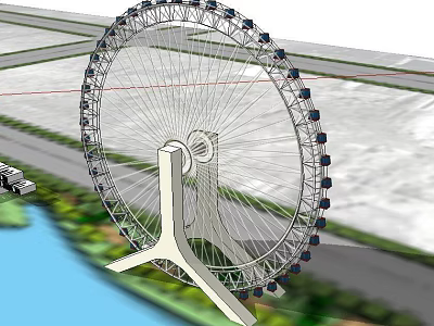 Large Outdoor Ferris Wheel Amusement Equipment In Scenic Waterfront Area With Roads 3d model