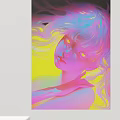 Abstract Painting Of A Girl With Flowing Colorful Hair And Dreamy Yellow Pink Background