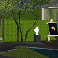 Garden Landscape With Green Lawn Tree White Dog Wooden Dog House And Stone Pathway