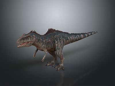 Realistic Carnivorous Dinosaur Character Standing With Spiked Back Striped Body And Sharp Teeth 3d model