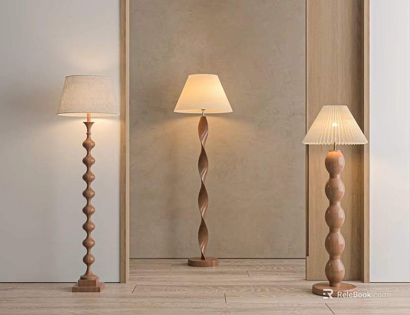 Three Stylish Wooden Floor Lamps With Spiral And Beaded Bases And Fabric Lampshades 3d model 