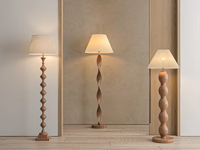 Three Stylish Wooden Floor Lamps With Spiral And Beaded Bases And Fabric Lampshades 3d model