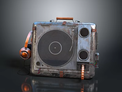 Vintage Record Player With Wooden Handle And Orange Headphones Retro Metal Design Household Item 3d model