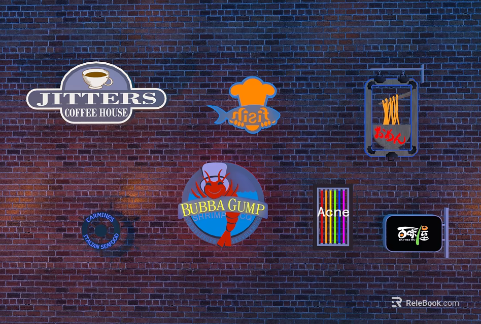 Wrought Iron Signboards Featuring Multiple Shop Logos On Brick Wall Decoration 3d model 