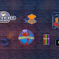 Wrought Iron Signboards Featuring Multiple Shop Logos On Brick Wall Decoration