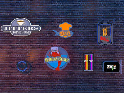 Wrought Iron Signboards Featuring Multiple Shop Logos On Brick Wall Decoration 3d model