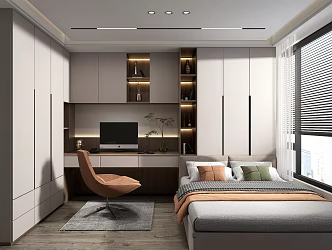 Modern Tatami Bedroom Double Bed Desk Chair Computer 3d model