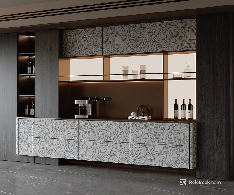 Modern Dining Room Sideboard With Patterned Panels Open Shelves And Wine Bottles 3d model 