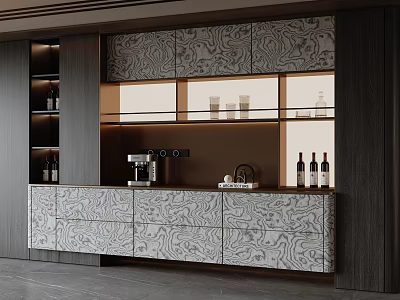 Modern Dining Room Sideboard With Patterned Panels Open Shelves And Wine Bottles 3d model