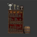 Vintage Display Shelf With Trophies On Upper Shelves And Wooden Barrel For Decorative