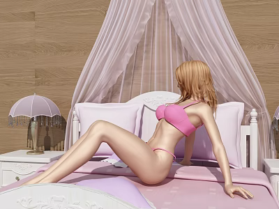 Woman in pink bikini on bed with pink bedding white frame wooden background table lamp 3d model