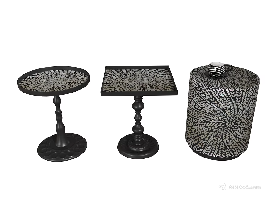 Round Square And Cylindrical Side Tables With Decorative Cutout Patterns And Black Bases 3d model 