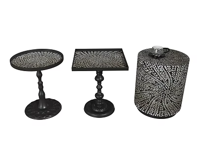 Round Square And Cylindrical Side Tables With Decorative Cutout Patterns And Black Bases 3d model
