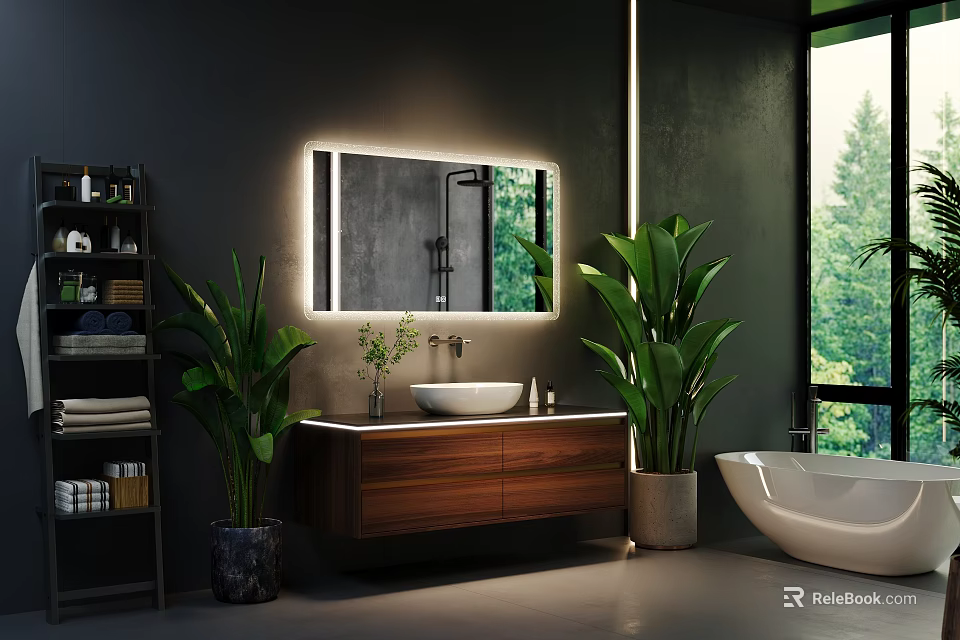 Modern Bathroom Vanity With Illuminated Mirror Dark Walls And Green Plants 3d model 