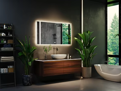 Modern Bathroom Vanity With Illuminated Mirror Dark Walls And Green Plants 3d model