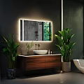 Modern Bathroom Vanity With Illuminated Mirror Dark Walls And Green Plants