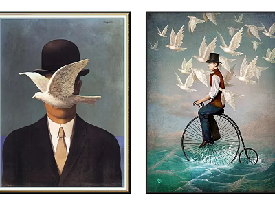 Surreal Artworks Man Bowler Hat Pigeon Covering Face Riding Vintage Bicycle White Doves Blue Waves 3d model