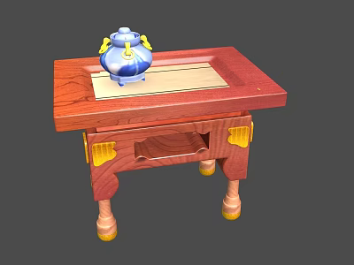 Red Wooden Kids Table With Blue Vase Mat And Yellow Decorated Legs 3d model